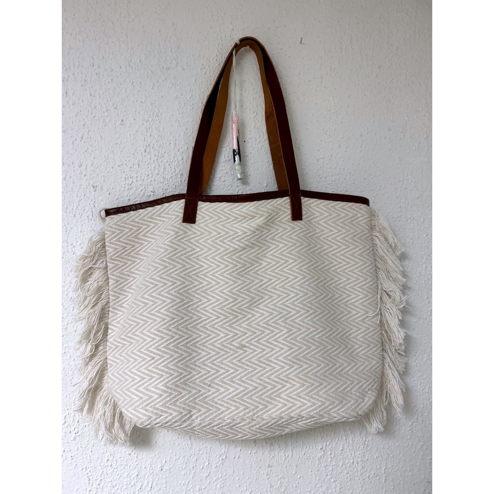 Nalini Chevron Fringe Tote Bag Cream Beige Leather Trim Boho Tassel Large